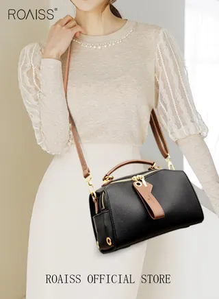 Women's New Fashion Bags Soft Leather Simple Classic Crossbody Bag Double Layer Compartment Zippers Closure Handbag Boston Bag 