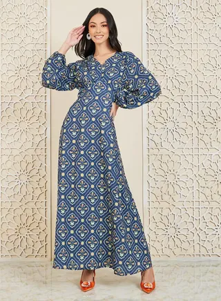 Damask AOP Long Sleeves A-Line Maxi Dress 