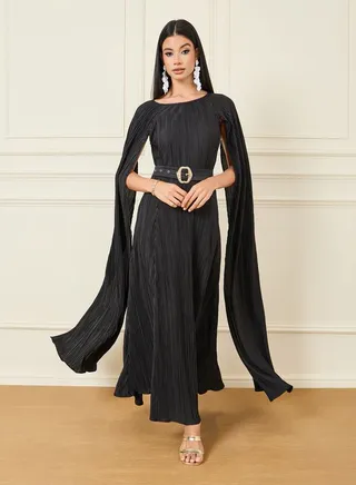 Plisse Slit Sleeve Embellished Belt Maxi Dress 