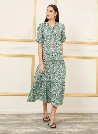 Ditsy Floral Print Ruffle Detail A-Line Midi Dress