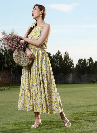 Floral Print Halter Neck Tiered Maxi Dress 
