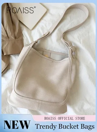 Large-Capacity Bucket Bag for Women Can Be Used As A Cross-Body Bag Fashionable and Versatile Retro Casual Soft Leather Separate Ipped Bag Inside 