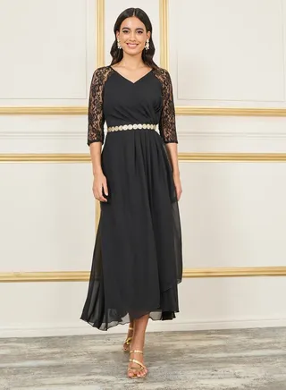 Sequin Detail Waist Lace Sleeves  Pleated A-Line Maxi Dress 