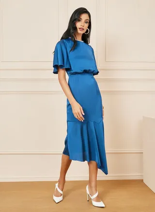 Satin High Neck Ruffle Asymmetric Hem Shift Dress 