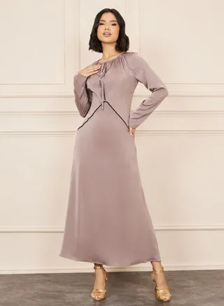 Satin Shiny Lace Trim A-Line Maxi Dress 