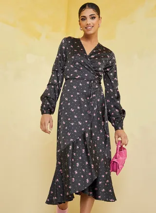 Ditsy Print Wrap Midi Dress 