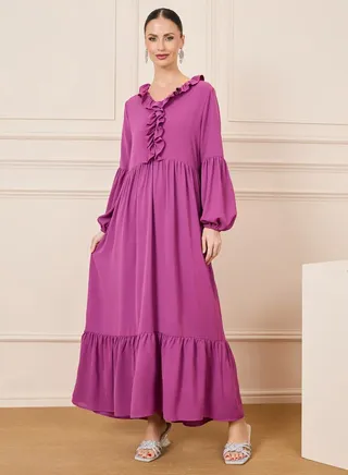 Ruffle V Neck Tiered Maxi Dress 