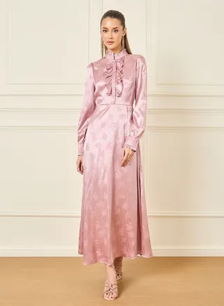 Satin Jacquard Print Ruffle Detail High Neck A-Line Maxi Dress 