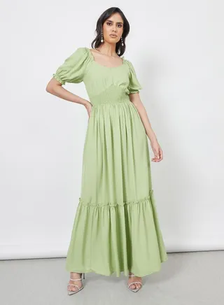 Puff Sleeves Sweetheart Neck Tiered Maxi Dress 