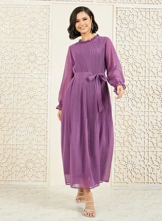 Pleated High Neck A-Line Maxi Dress 