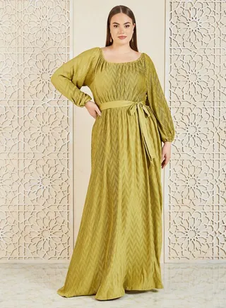 Plus Satin Plisse Textured A-Line Maxi Dress with Self Tie Up