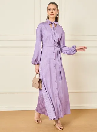 Satin Houndstooth Pattern Tie-Up Neck Maxi Dress 
