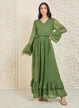 Lurex Dobby Ruffle Layer A-Line Maxi Dress 