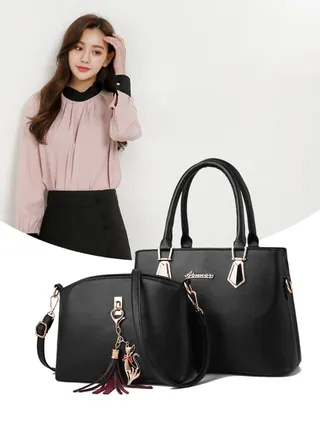2pcs/set Chest pack Crossbody Tote Handbags Chain Composite Bag Women Female Messenger Flap Shoulder Pocket Single Versatile Designer (Color : Black) 