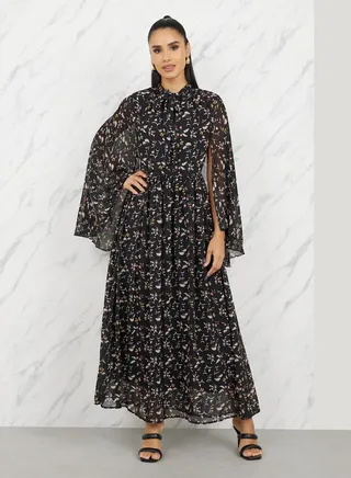 Ditsy Print Tie Up Neck A-Line Maxi Dress 