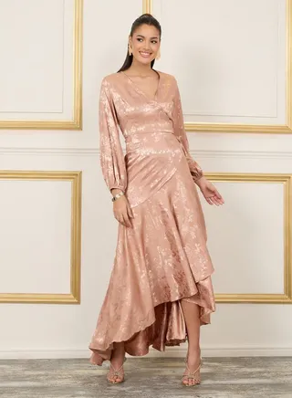 Jacquard Asymmetric Hem A-Line Wrap Maxi Dress