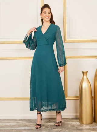 Dobby Ruffle Trim A-Line Maxi Dress
