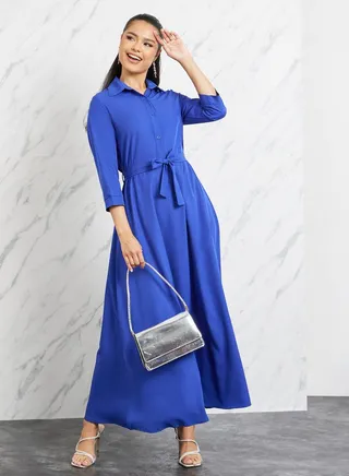Solid Self Tie Up Maxi Shirt Dress 