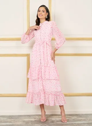 Floral Ditsy Print Button Detail Layer Tiered Maxi Dress