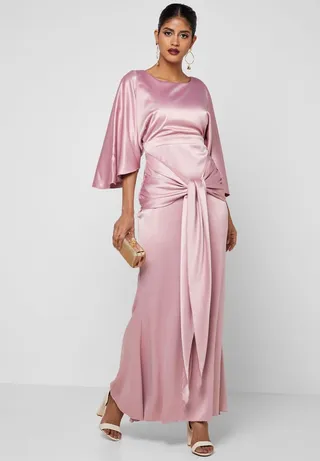 Tie Front Satin Maxi Dress Pink 