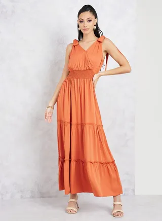 Tie Up Sleeves Smocked Waistline Tiered Maxi Dress 