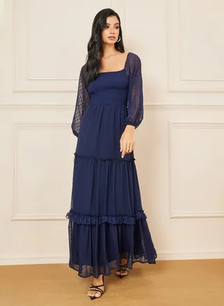 Dobby Smocked Detail Tiered Maxi Dress 