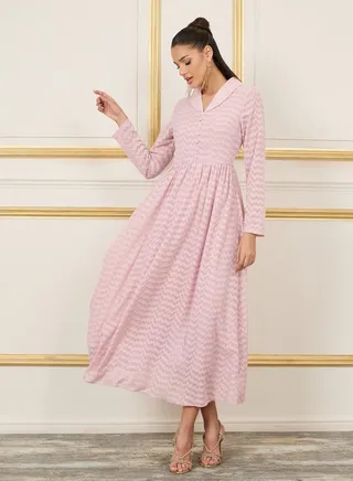 Burnout Texture Collared A-Line Maxi Dress 