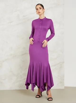Asymmetric Hem Buttoned Sheath Maxi Dress 