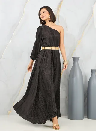 Plisse One Shoulder Neck Belted A-Line Maxi Dress 