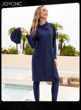 3-piece Muslim Women Conservative Swimwear Set Long Sleeve Comfortable and Sun Protection Beach Wear Summer Lightweight Swimsuit Dark Blue 
