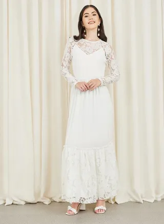 Lace Sheer Detail A-Line Tiered Maxi Dress 