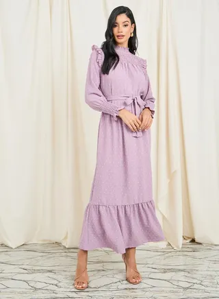 Dobby Smocked Ruffle Detail A-Line Maxi Dress 