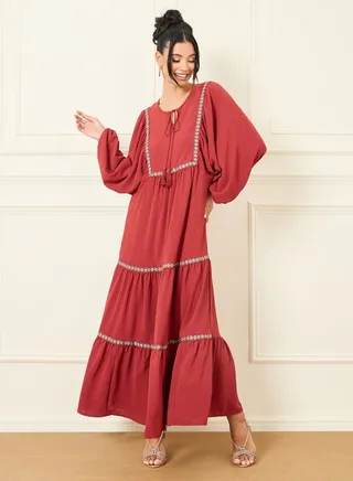Embroidered Lace Detail Tie Up Neck Tiered Maxi Dress 