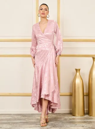 Jacquard Asymmetric Hem A-Line Wrap Maxi Dress