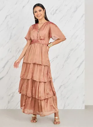 Lurex Striped Chiffon Layered Tiered Maxi Dress 