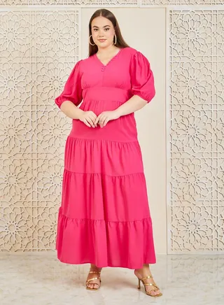 Button Detail Tiered Maxi Dress 