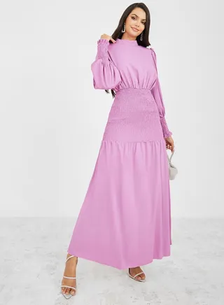 Cuffed Sleeve Shirred Waist A-Line Maxi Dress 