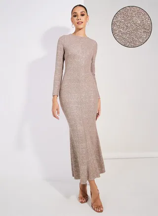 Textured Glitter Look Flared Hem Maxi Dress 