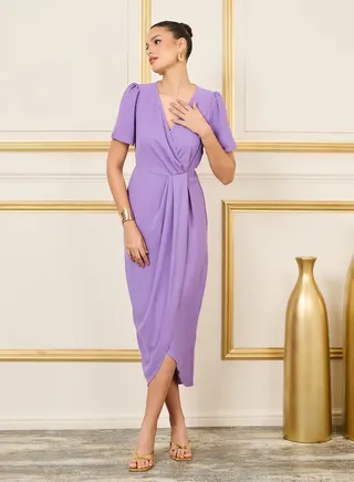 Pleated Detail Asymmetric Hem Bodycon Midi Dress 