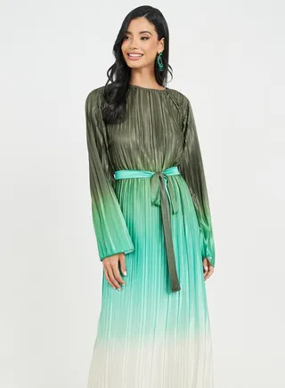 Accordion Pleated Ombre Print Shift Maxi Dress 