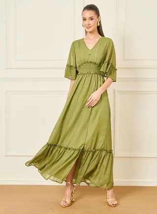 Lurex Stiped Smocked Waist Detail A-Line Maxi Dressd 