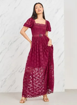 Lace Detail Belted A-Line Maxi Dress 