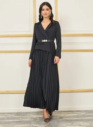 Gemstone Belted Pleated Blazer Midi Dress 