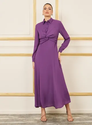 Front Twist Collared A-Line Maxi Dress