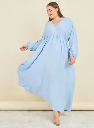 Plus Textured V Neck A-Line Maxi Dress 
