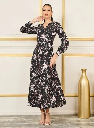 Floral AOP Long Sleeves A-Line Maxi Dress 