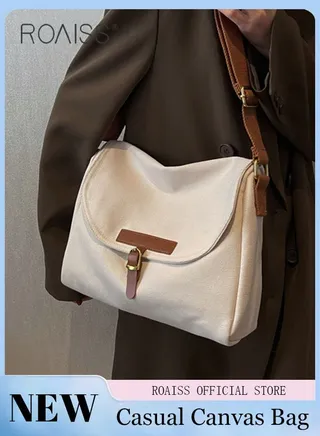 Women's Canvas Bag Large Capacity One Shoulder Messenger Tote Bag Casual Solid Color Versatile Work Commuting 