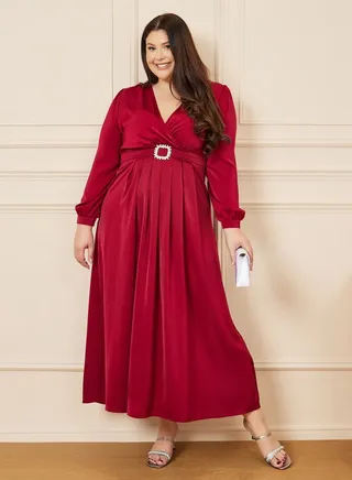 Embellished Buckle Pleated A-Line Maxi Dress 