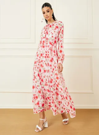 Floral Print Tie Up Neck Button Closure A-Line Maxi Dress 