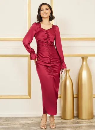 Satin Ruched Detail Bodycon Maxi Dress 